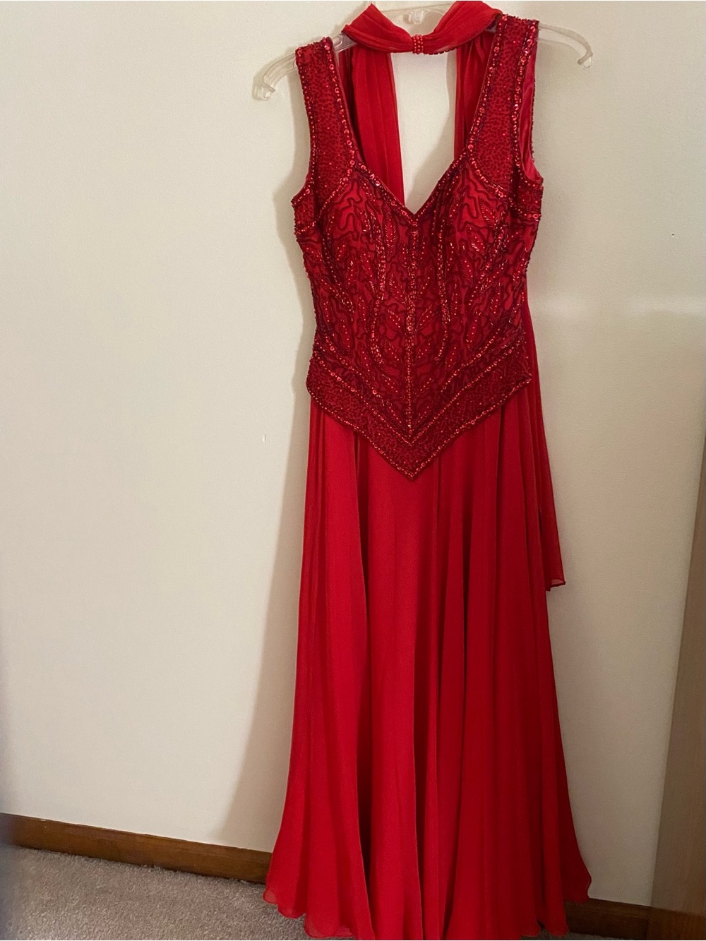 Jovani Red Beaded V-Neck Prom Gown
